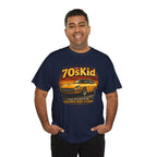 Man wearing a navy blue t-shirt with '70s Kid' graphic design on a white background