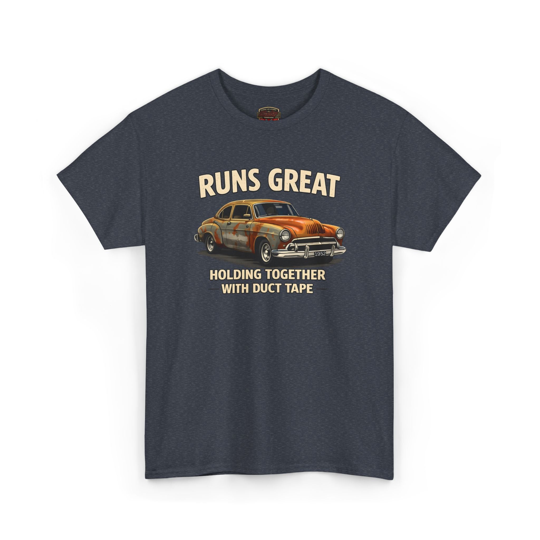 Heather gray t-shirt with a graphic of an old car and text on a white background