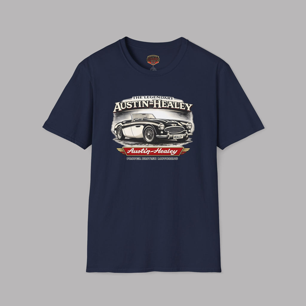 Navy blue t-shirt with Austin-Healey graphic on a gray background