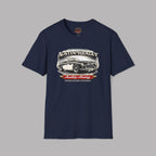 Navy blue t-shirt with Austin-Healey graphic on a gray background