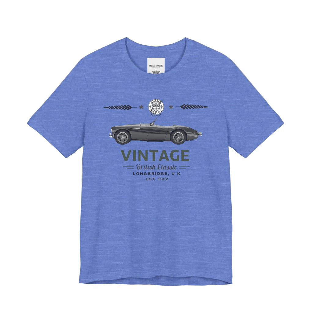 Blue t-shirt with vintage car graphic and text on a white background