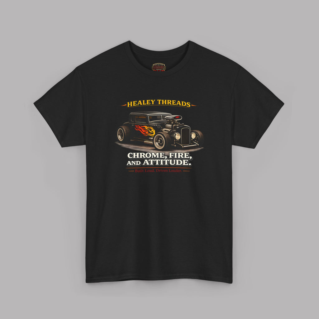 Black t-shirt with a graphic design of a car and text on a gray background