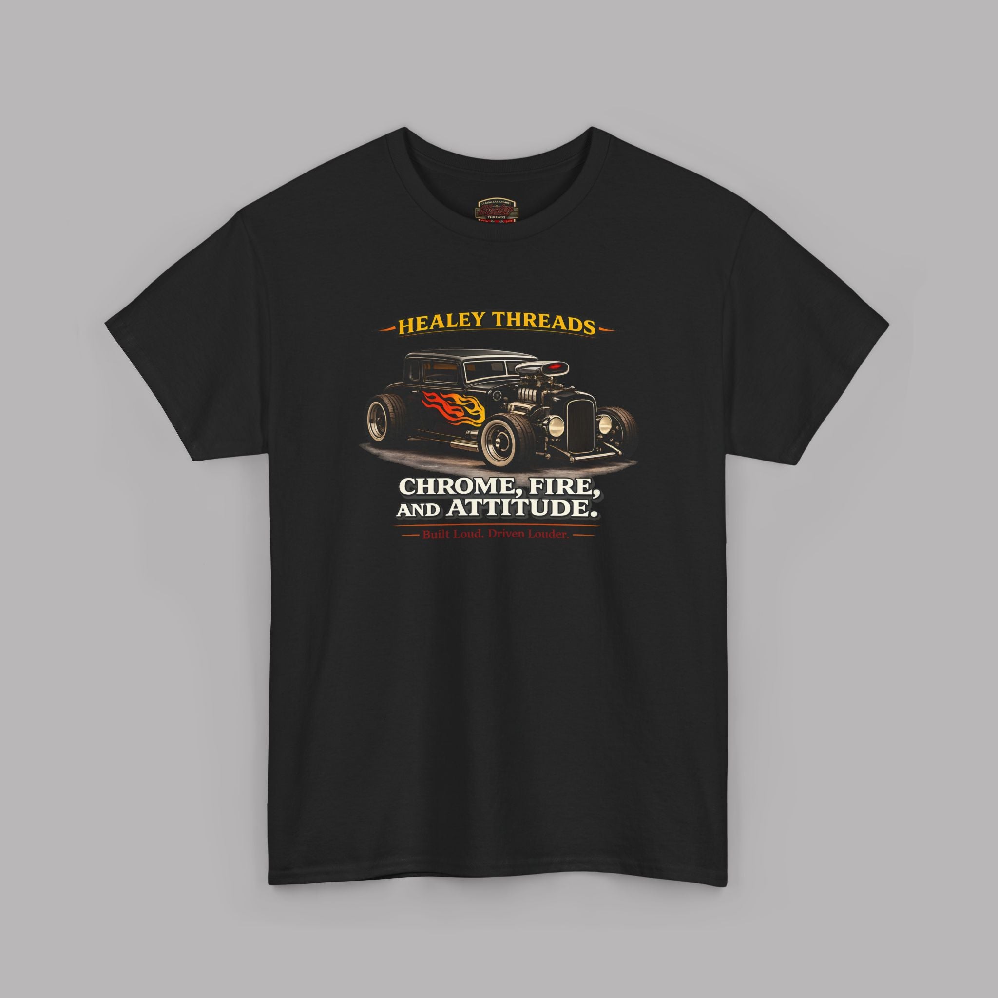 Black t-shirt with a graphic design of a car and text on a gray background