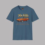 Indigo blue t-shirt with a graphic of a classic 240Z car and text '70s KID' on a gray background