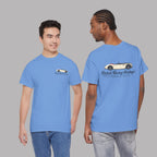 Two men wearing blue  t-shirts with a Healey classic car graphic design on a gray background