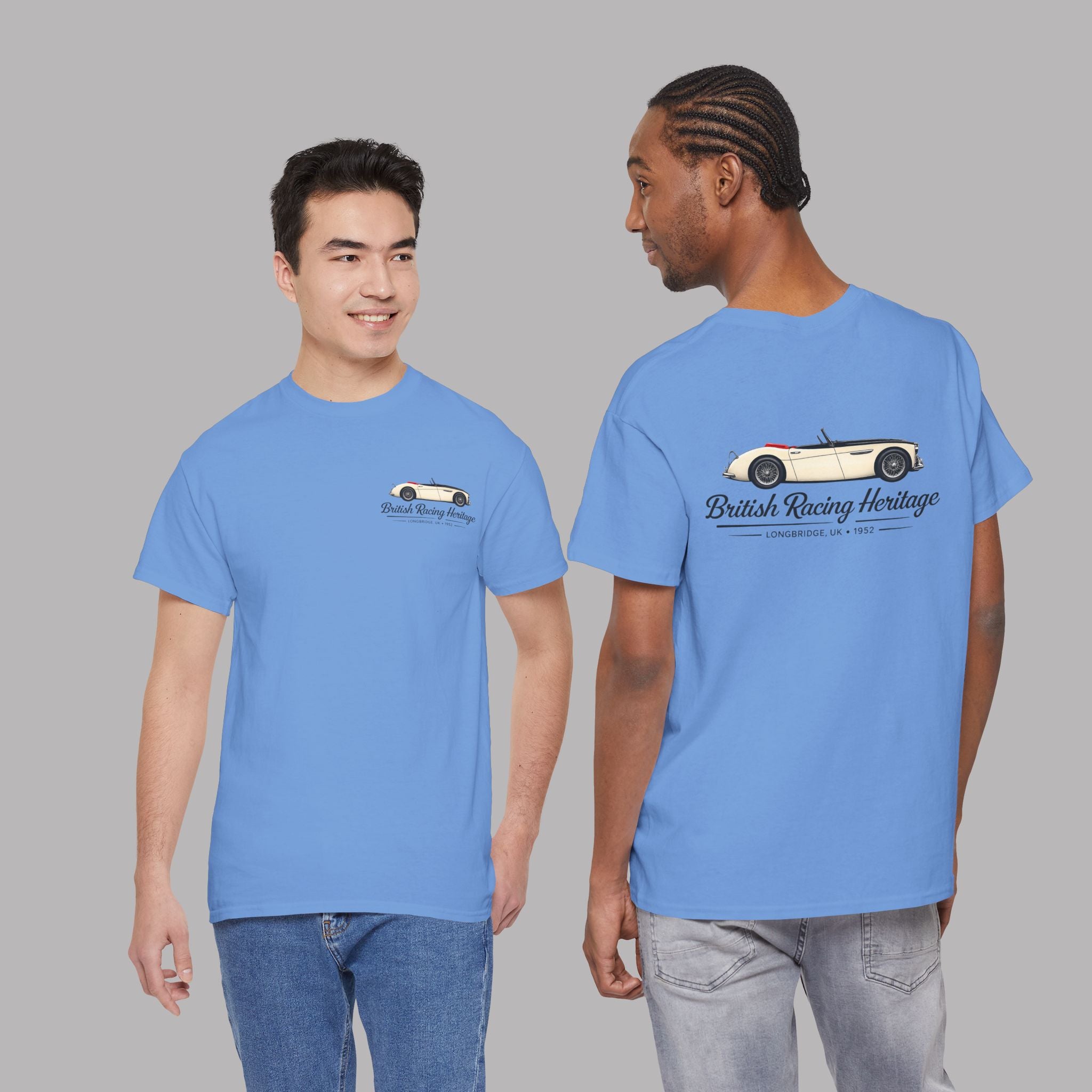 Two men wearing blue  t-shirts with a Healey classic car graphic design on a gray background