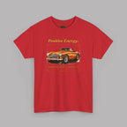Red t-shirt with a graphic of a vintage car and text on a gray background