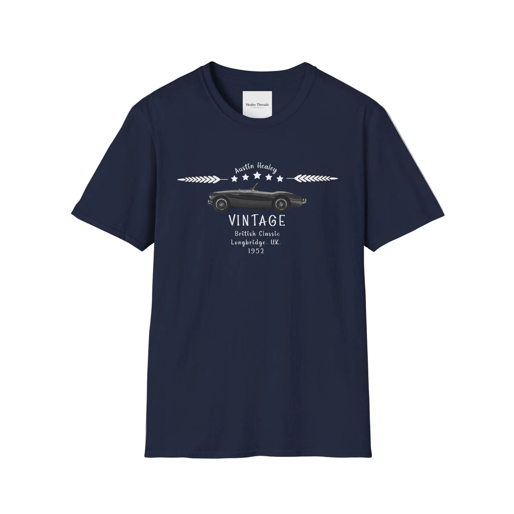 Navy blue t-shirt with vintage car design on a white background