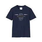 Navy blue t-shirt with vintage car design on a white background