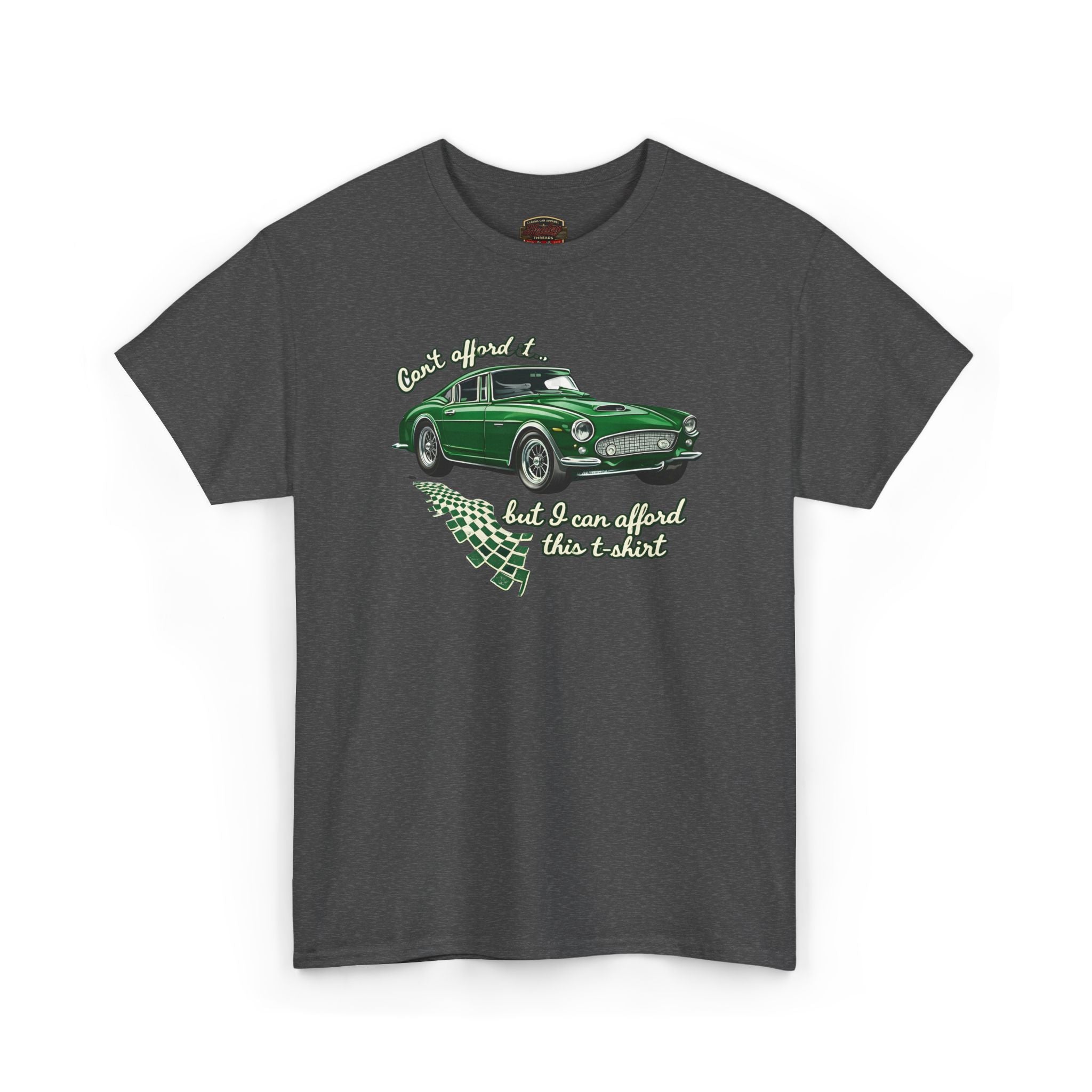 Gray t-shirt with a green classic car graphic and text on a white background