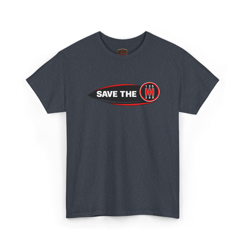 Dark heather t-shirt with 'Save the stick shift' graphic design on a white background