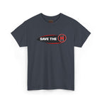 Dark heather t-shirt with 'Save the stick shift' graphic design on a white background