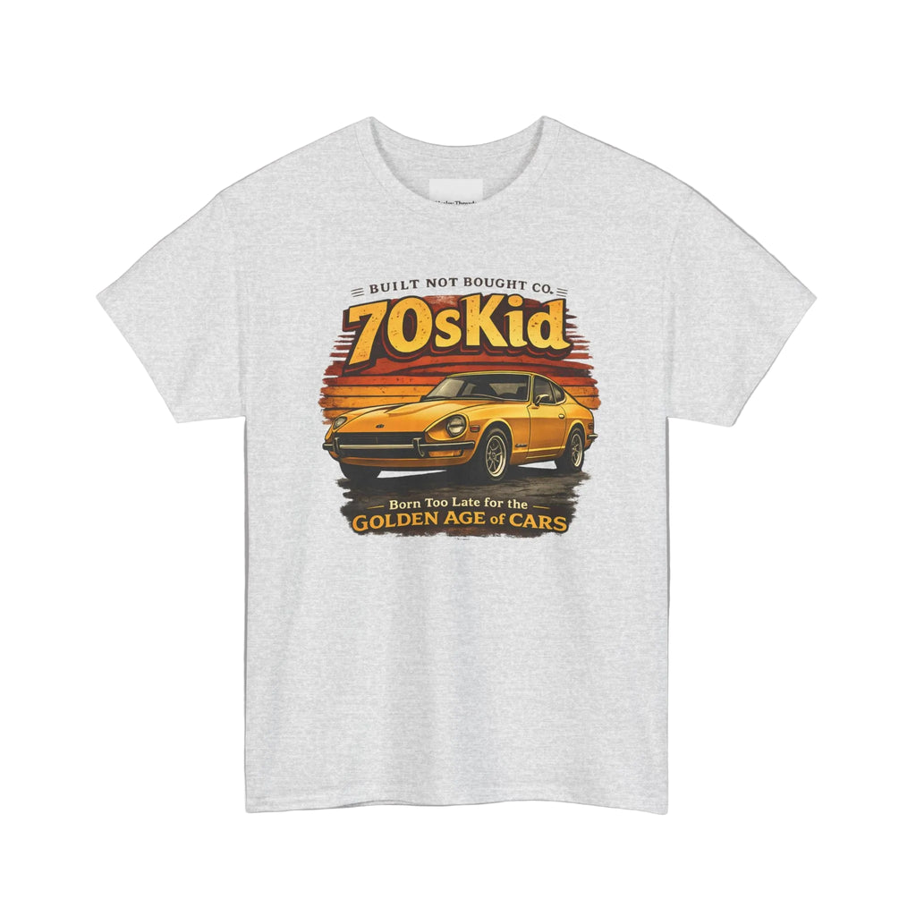 White t-shirt with a graphic of a vintage car and text on a white background
