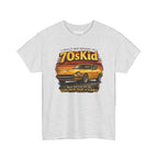 White t-shirt with a graphic of a vintage car and text on a white background