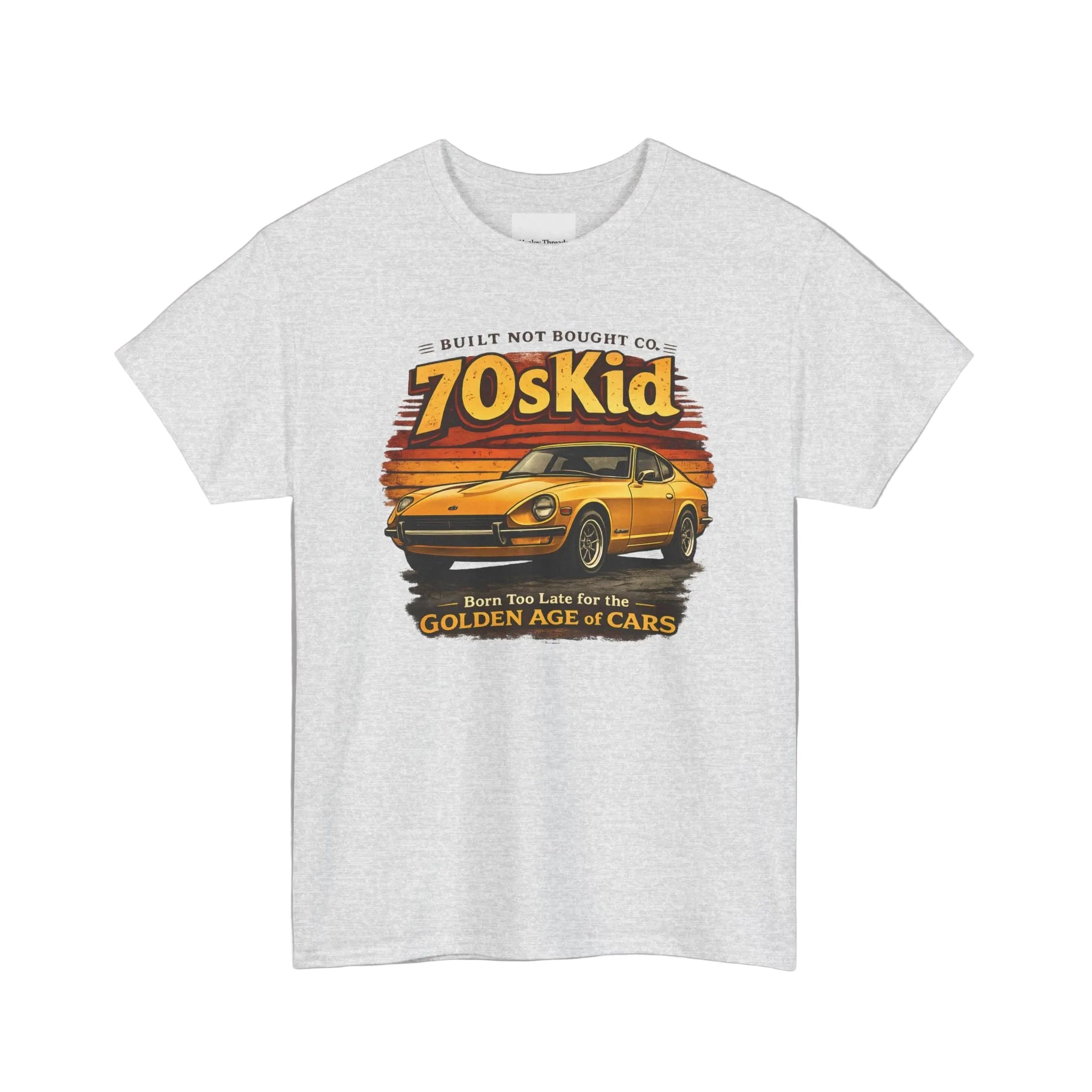 White t-shirt with a graphic of a vintage car and text on a white background