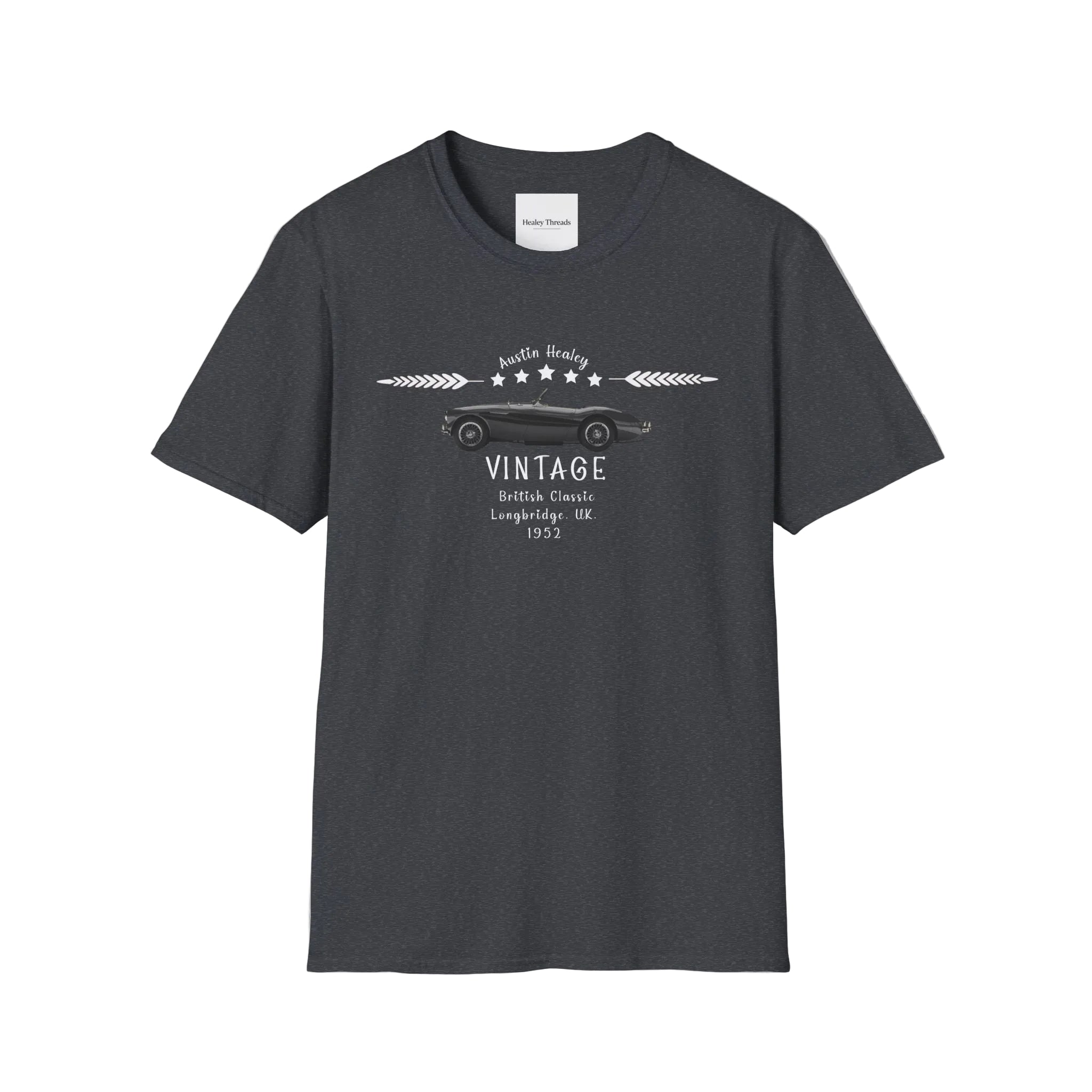 Dark heather t-shirt with vintage car design on a white background