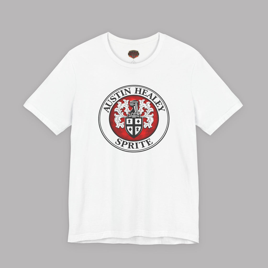 White t-shirt with Austin Healey Sprite logo on a gray background