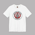 White t-shirt with Austin Healey Sprite logo on a gray background