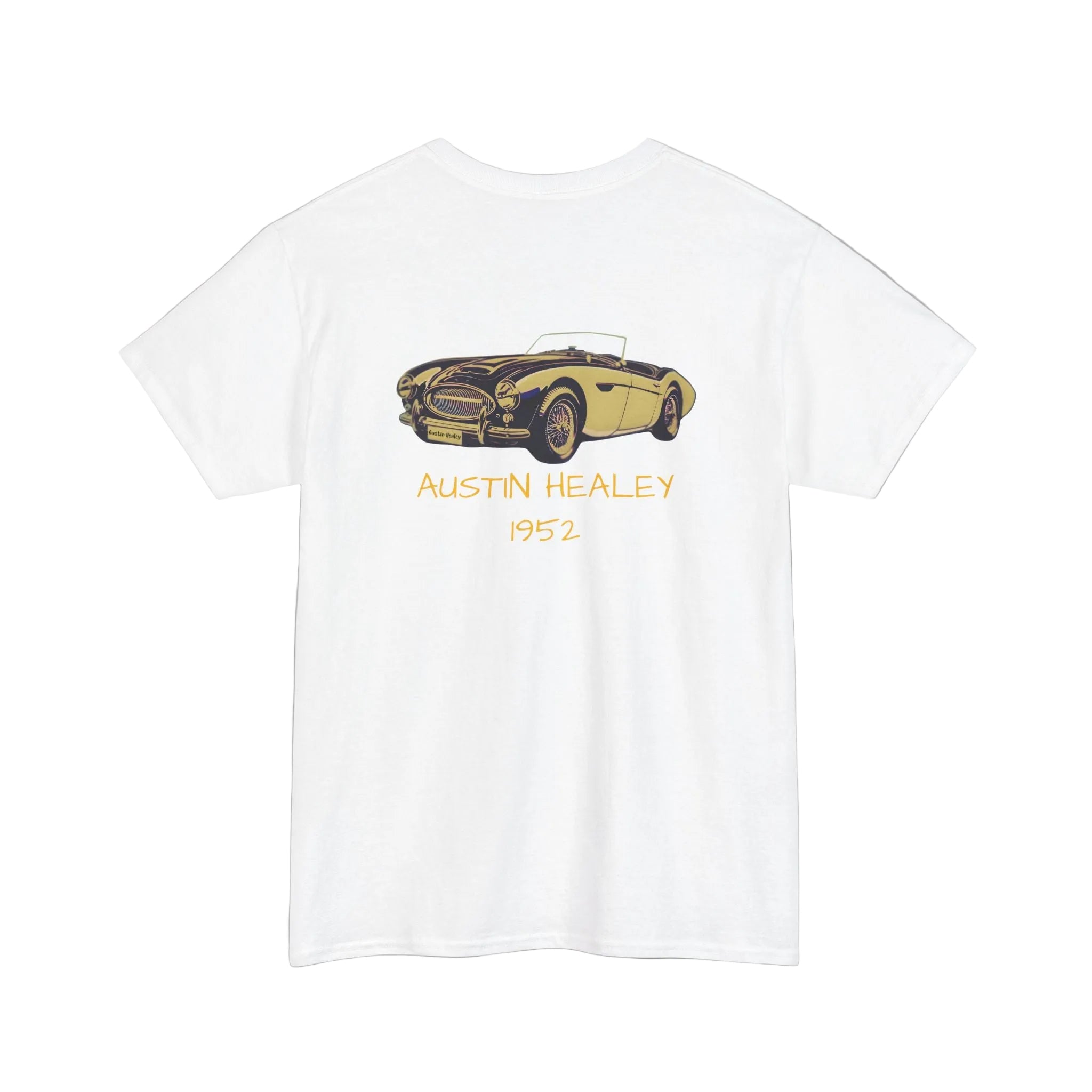 Back view of a white t-shirt with Austin Healey 1952 graphic on a white background