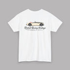 Back of a white t-shirt with a Healey classic car graphic design on a gray background