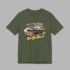 Military green t-shirt with a classic car graphic design and text on a gray background