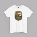 White t-shirt with a graphic car design on a gray background