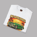 Folded white t-shirt with a green classic car graphic and 'NO APOLOGIES.' text on a gray background