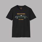 Black t-shirt with a green vintage car graphic and text on a gray background