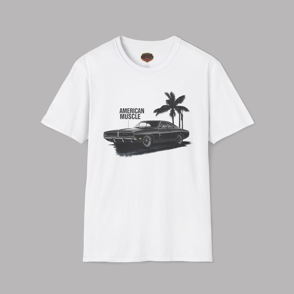 White t-shirt with black graphic of a car and palm tree on a gray background