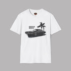 White t-shirt with black graphic of a car and palm tree on a gray background