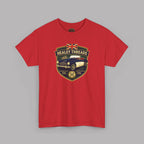Red t-shirt with Healey Threads logo on a gray background