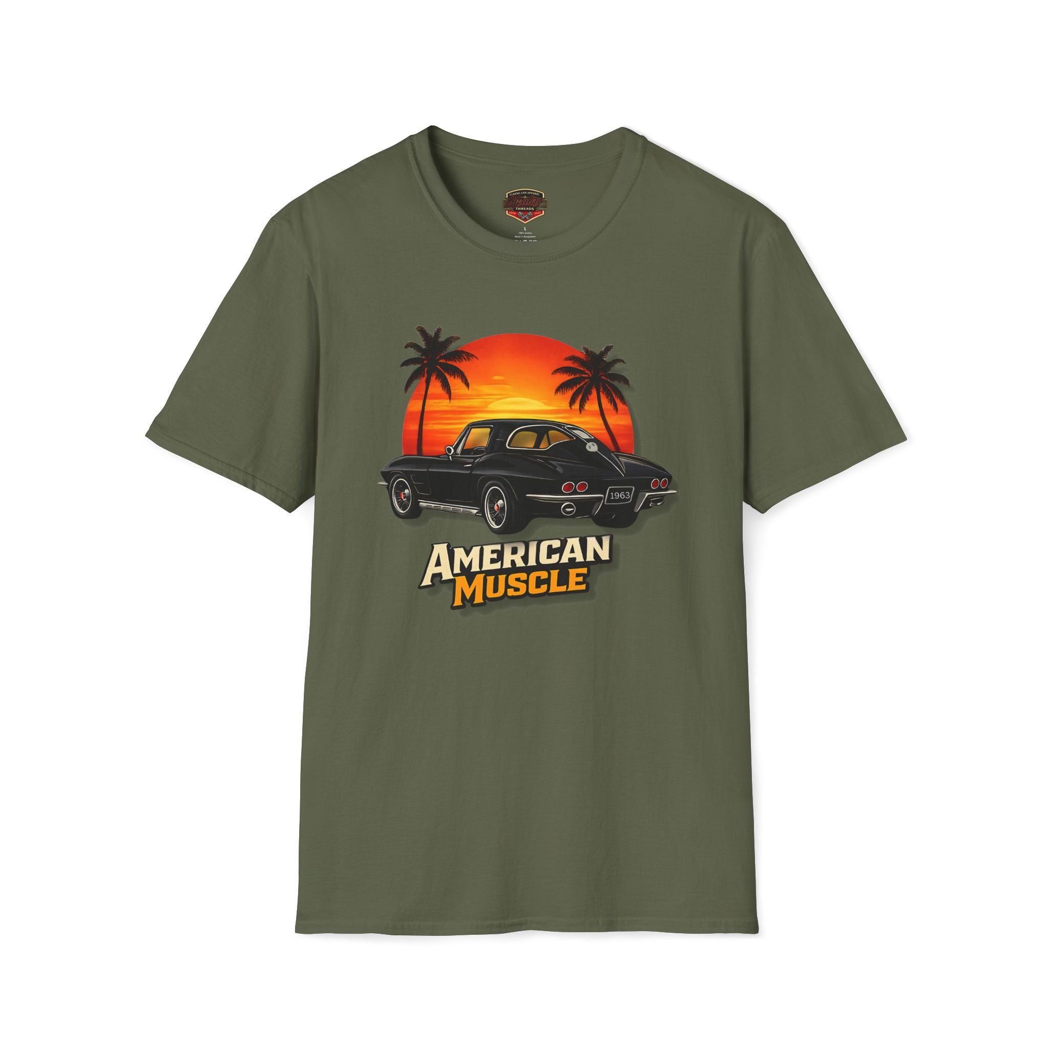 Military green t-shirt with 'American Muscle' graphic design featuring a sunset and palm trees on a white background.