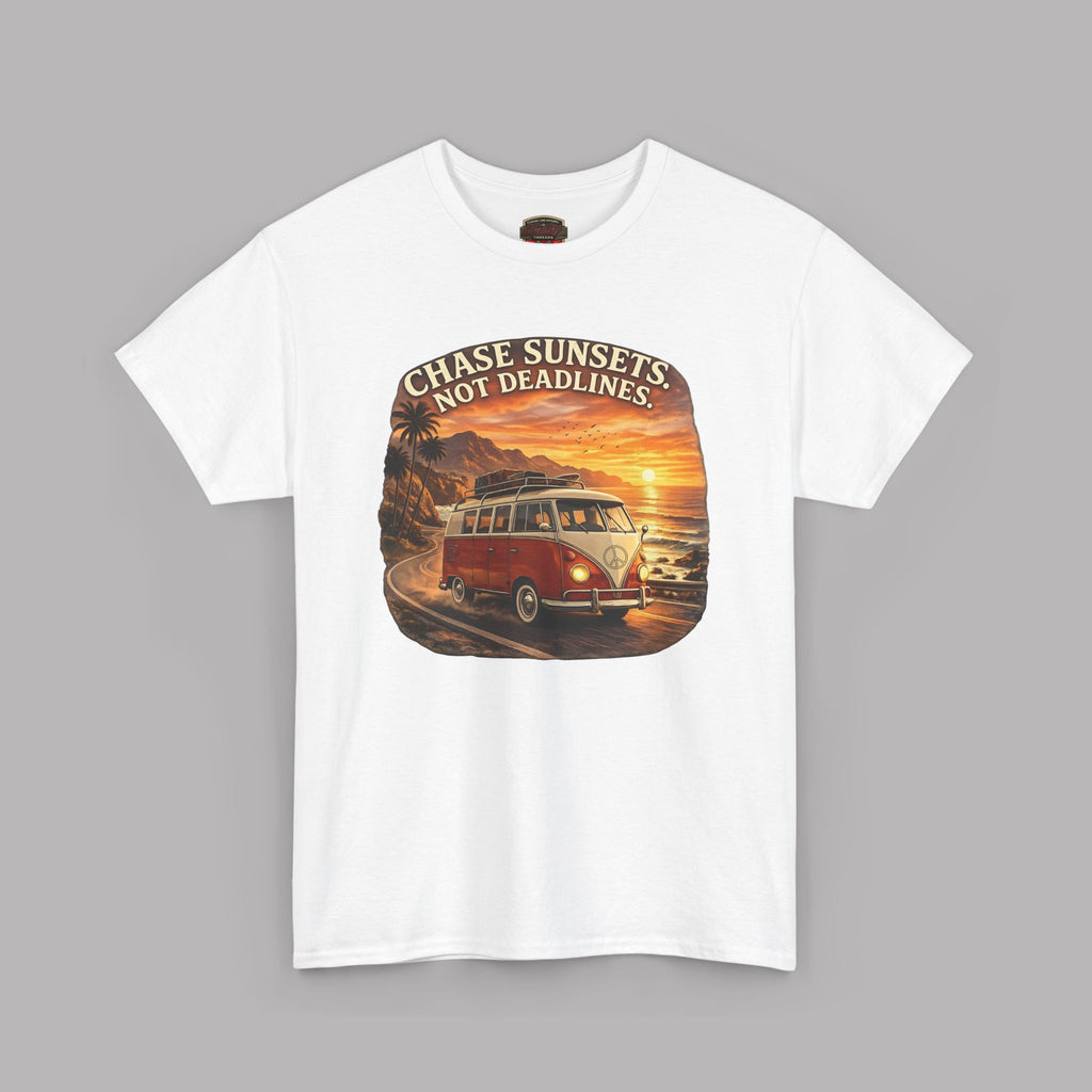 White t-shirt with a graphic of a classic van and sunset text on a gray background