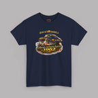 A navy blue short-sleeve t-shirt with a graphic print of a classic car and the text 'Life is too short to 1962 Always be a Classic Legend' on a solid gray background.