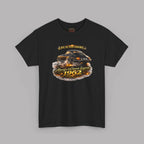 A black short-sleeve crewneck t-shirt featuring a graphic print of a classic car with flames and the text 'Life is too short to be ordinary. Always be a classic legend 1962'.