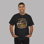 Man wearing a black short-sleeve t-shirt featuring a graphic print of a classic car with flames and the text 'Life is too short to be ordinary. Always be a classic legend 1962'.