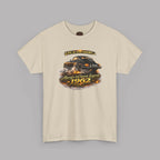 Sand short-sleeve crewneck t-shirt featuring a graphic print of a classic car with flames and the text 'Life is too short to be ordinary. Always be a classic legend 1962'.