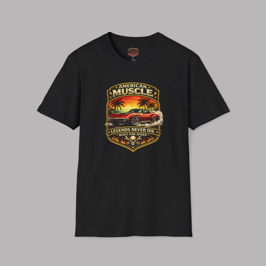 Black t-shirt with a graphic design of a car and sunset on a gray background