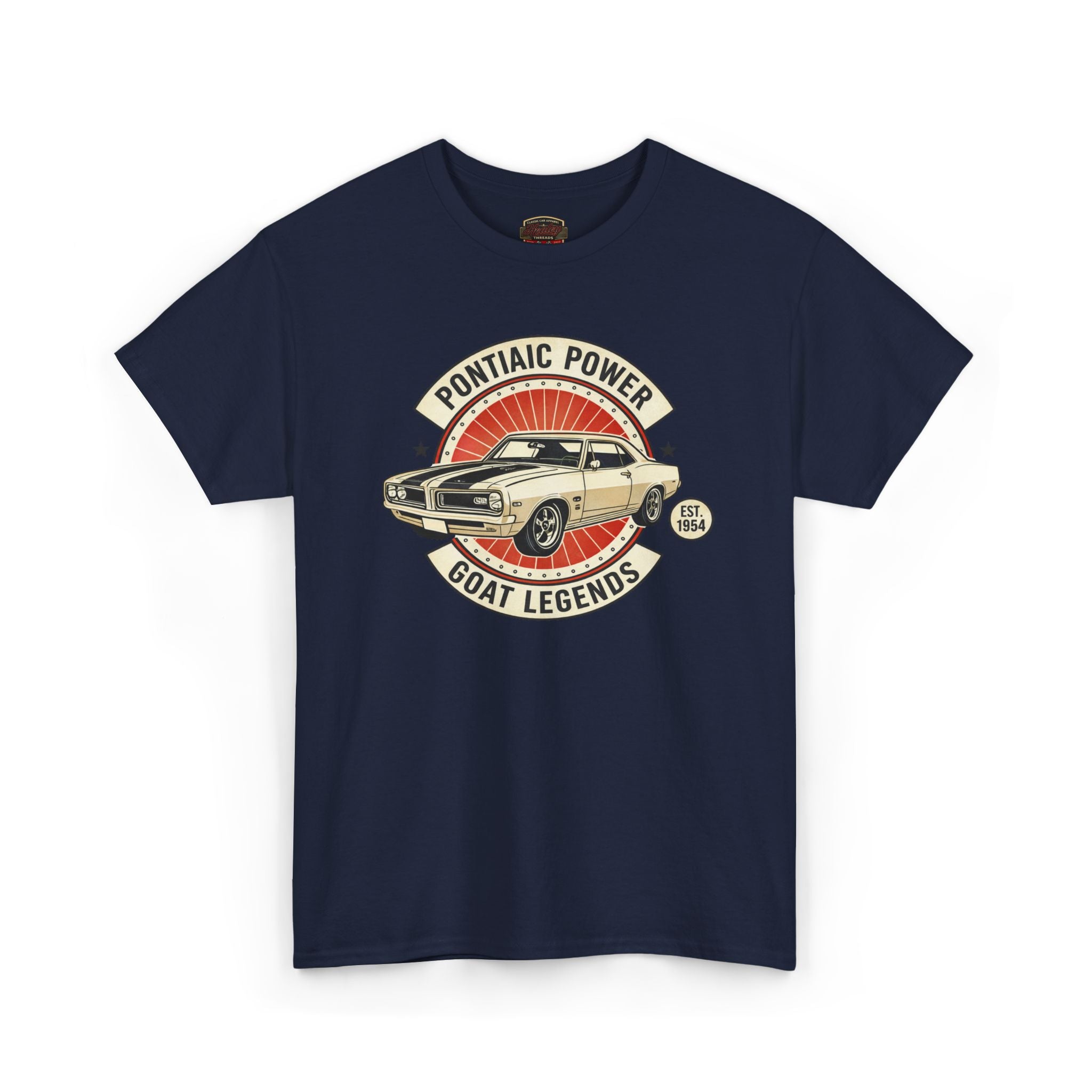 Navy blue t-shirt with Pontiac graphic on a white background
