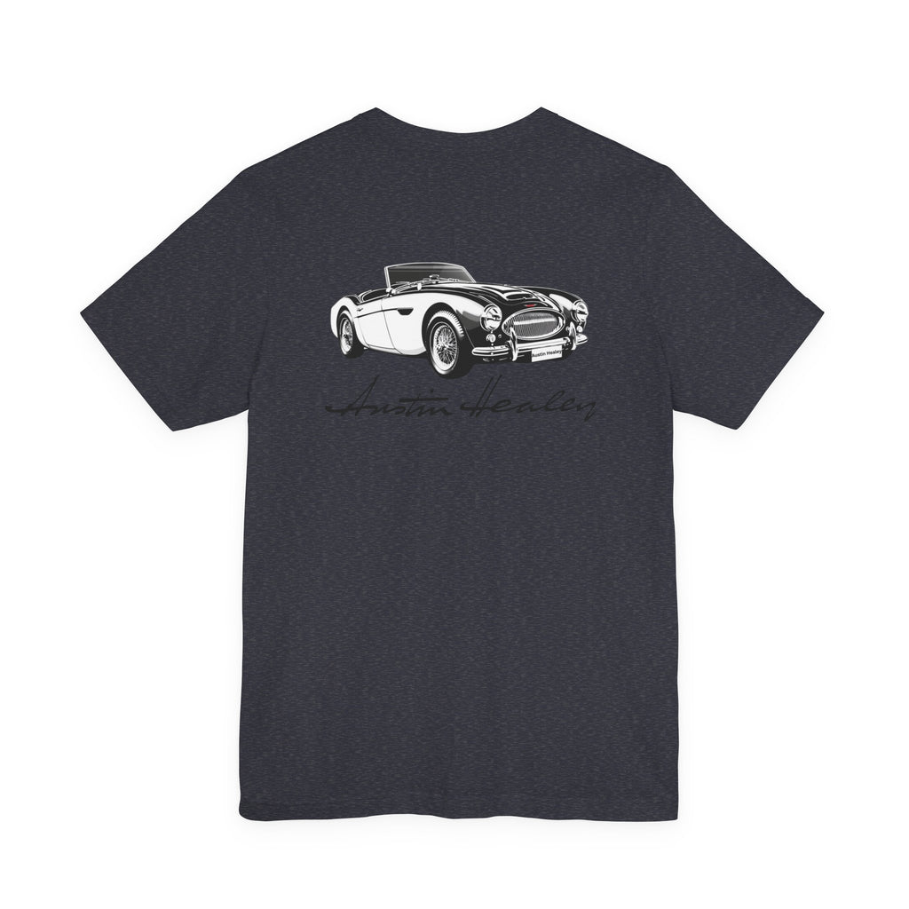 Back of a Dark heather t-shirt with a white classic car graphic on the back against a white background