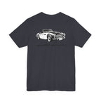 Back of a Dark heather t-shirt with a white classic car graphic on the back against a white background