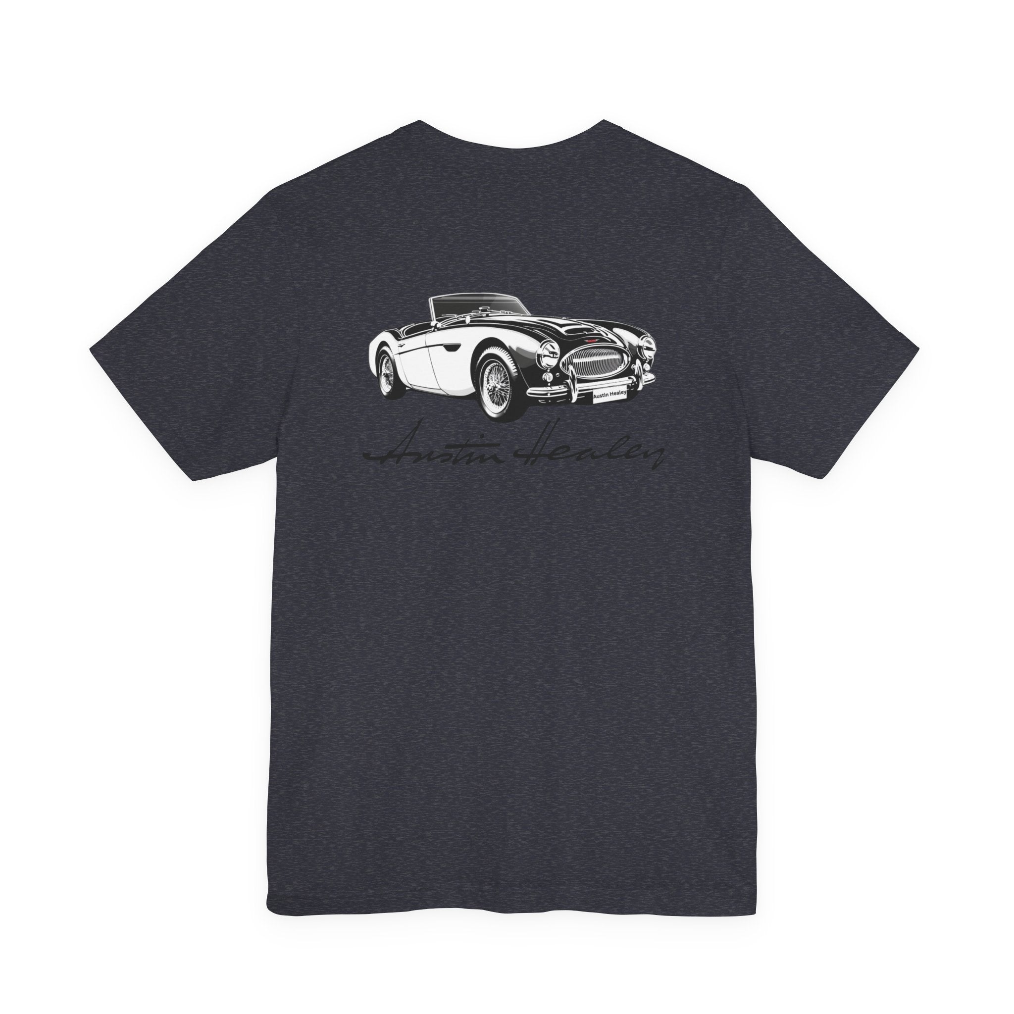Back of a Dark heather t-shirt with a white classic car graphic on the back against a white background