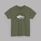 Military green t-shirt with a graphic of a classic car and 'British Racing History' text on a gray background