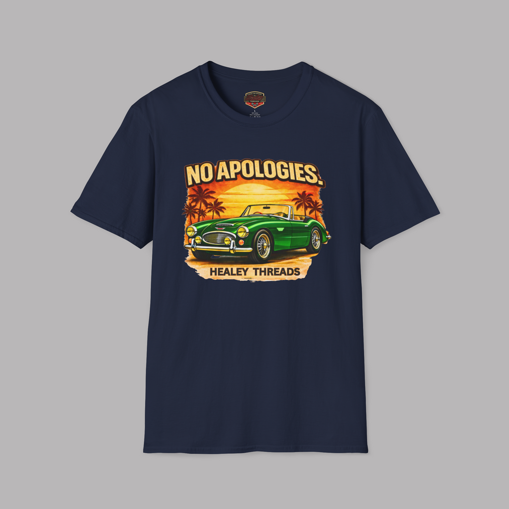 Navy blue t-shirt with a graphic of a green classic car and 'No Apologies' text on a gray background