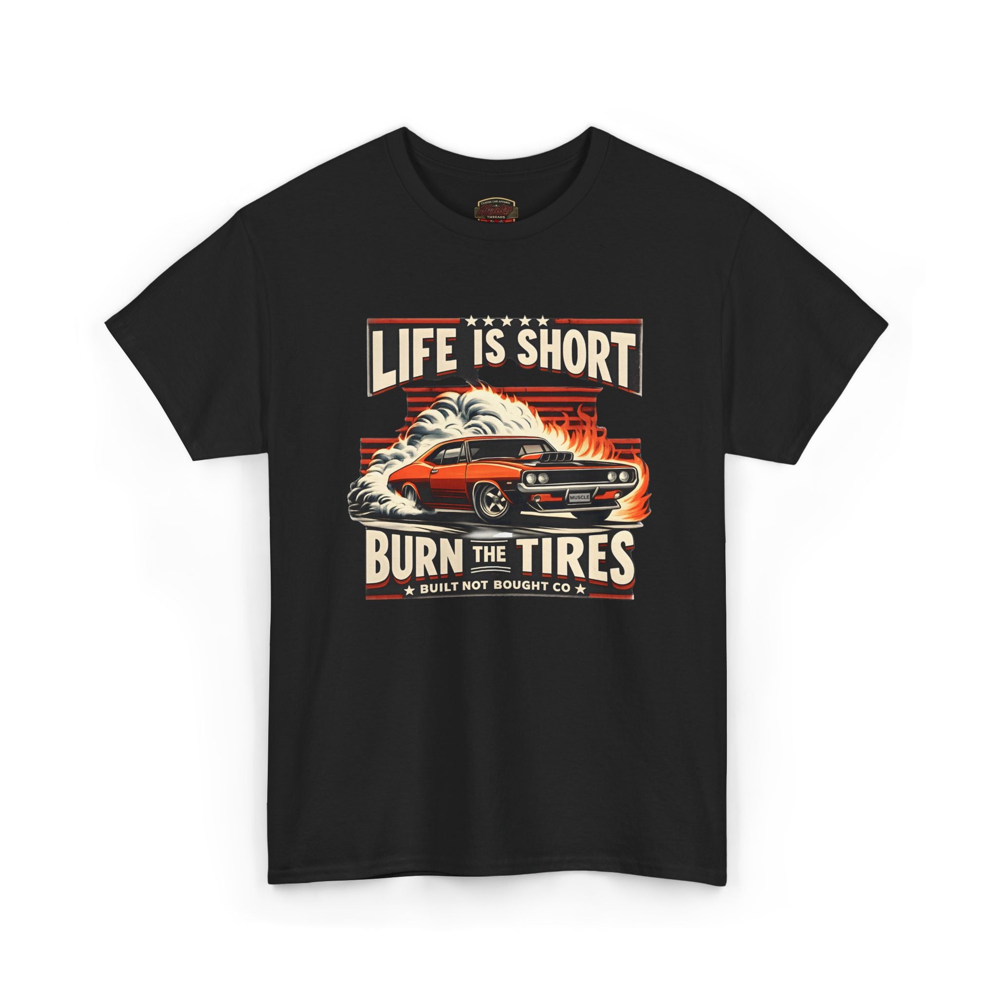 Black t-shirt with a graphic design of a car and text on a white background