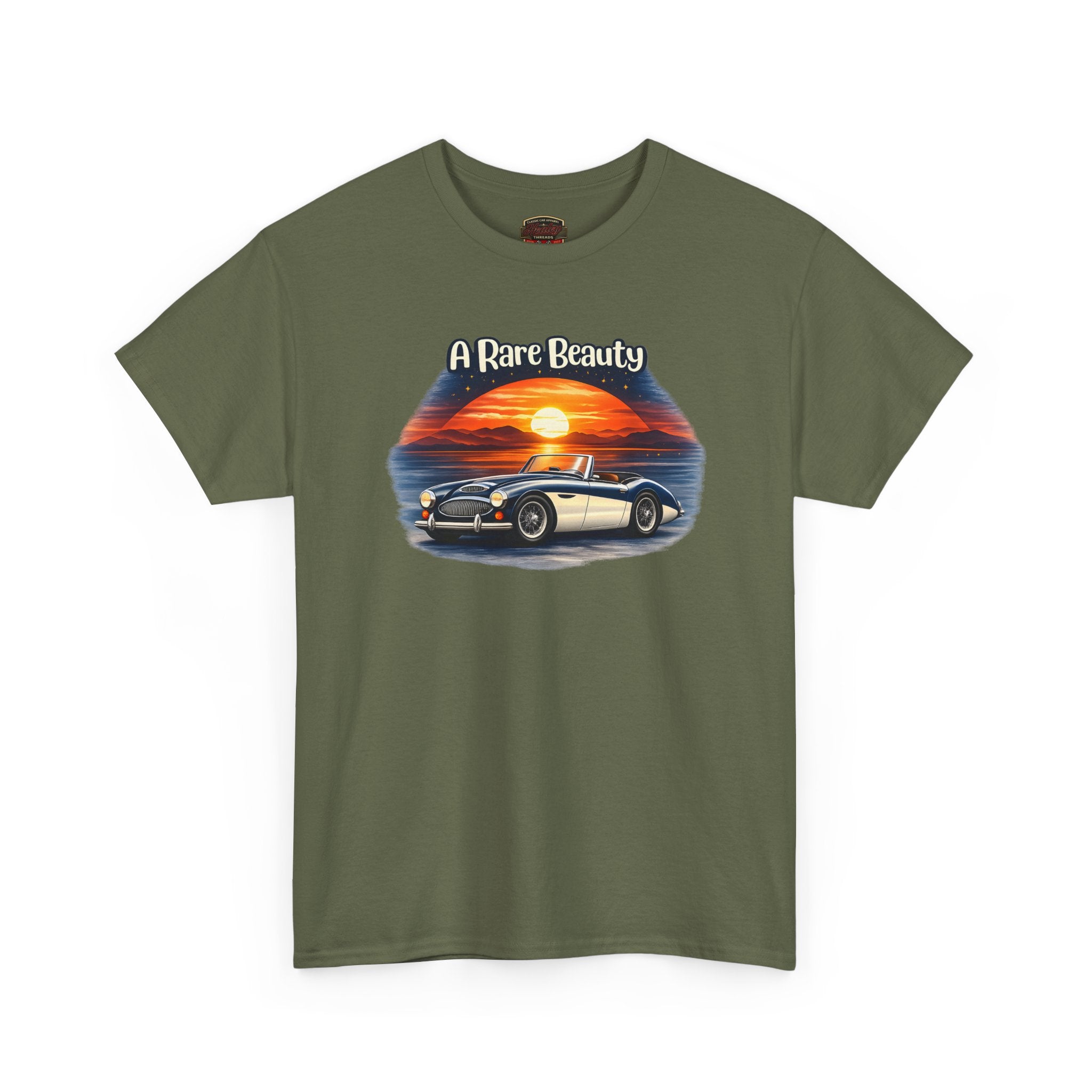 Military green t-shirt with a graphic of a car and sunset, labeled 'A Rare Beauty', on a white background.