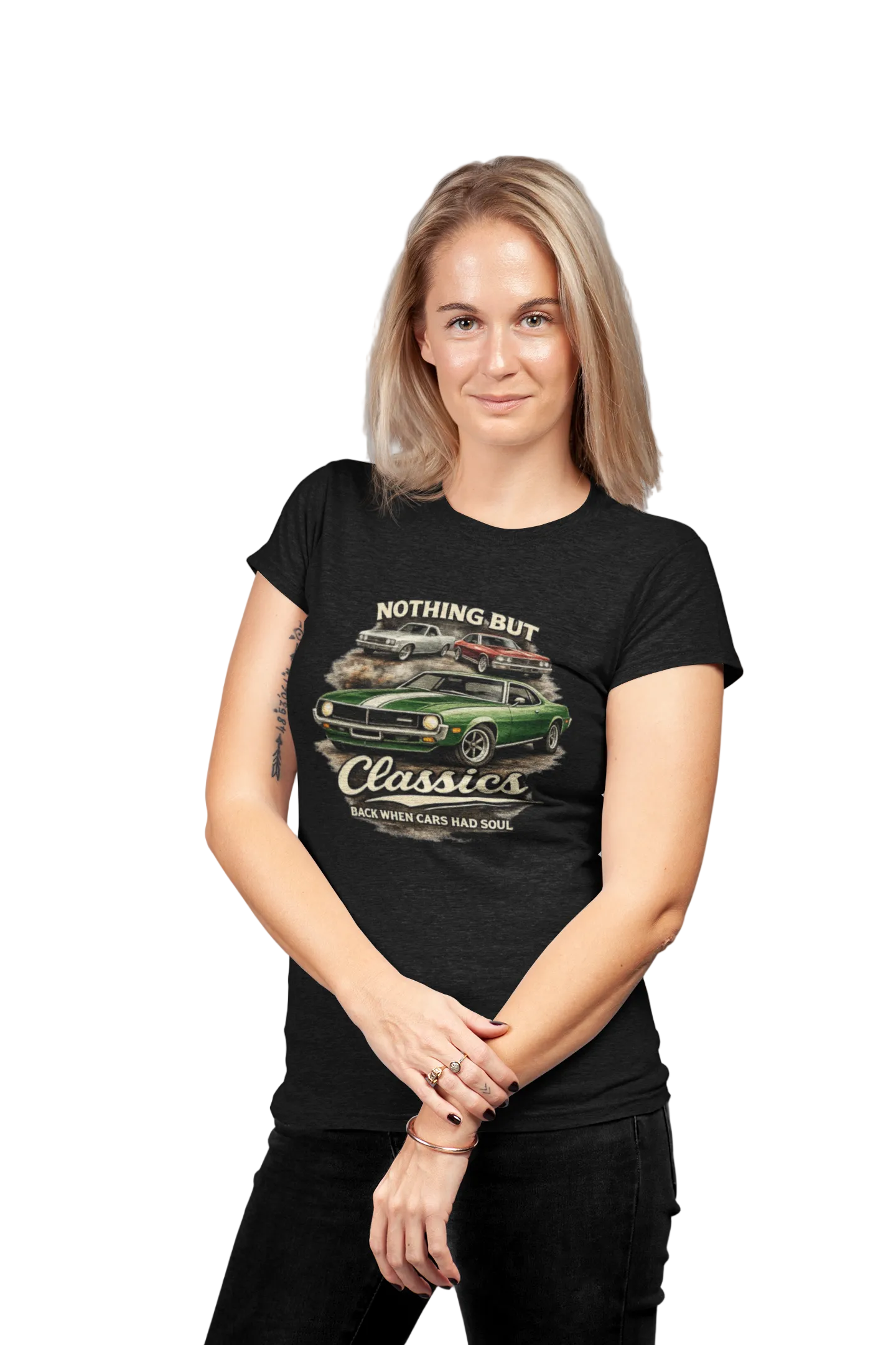 Woman wearing a black t-shirt with a graphic design on a white background