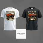 Two t-shirts with a car graphic and text 'Still Plays with Cars' on a gray background, featuring the brand 'Healey Threads'.