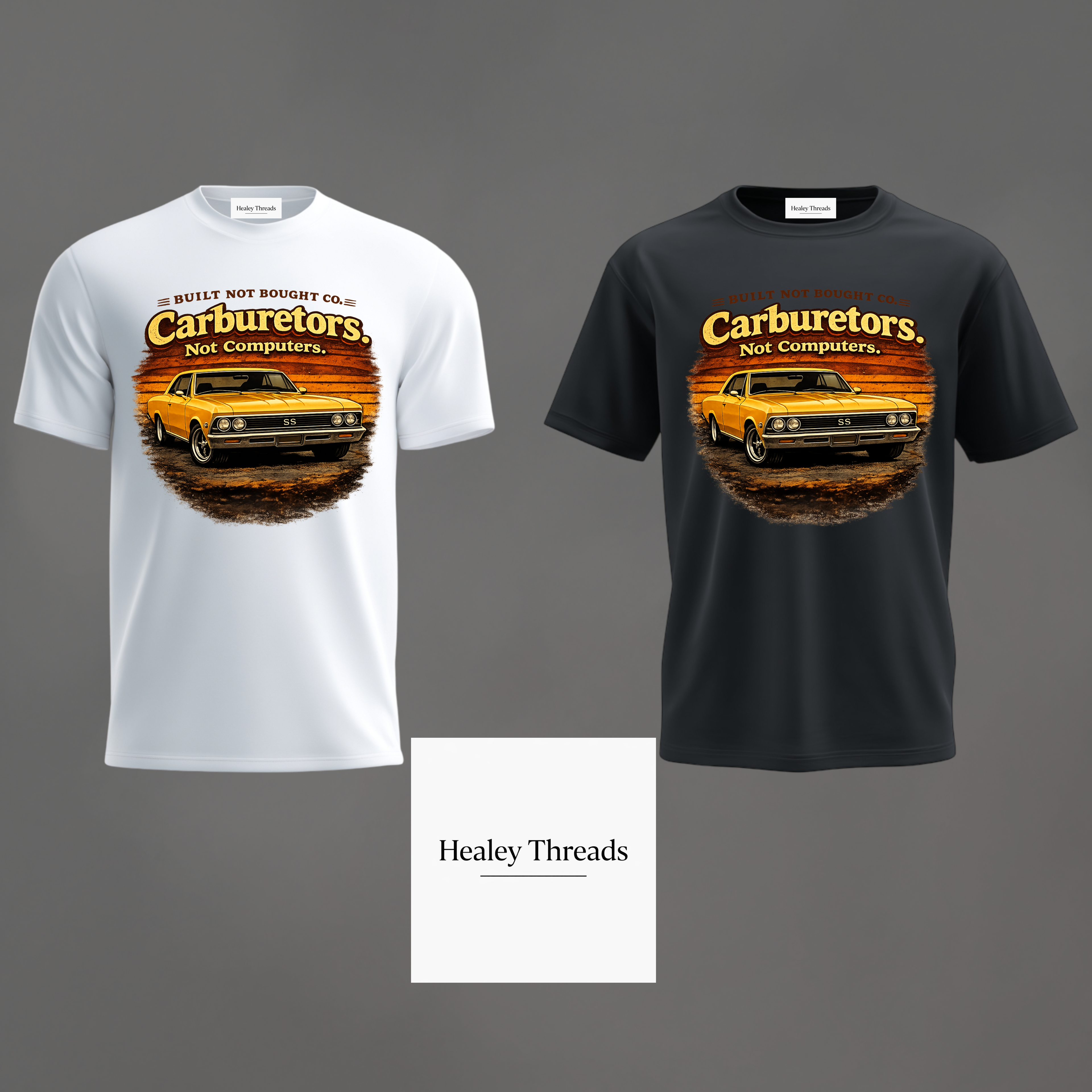 Two t-shirts with a graphic design of a car and text on a gray background, featuring the brand 'Healey Threads'.