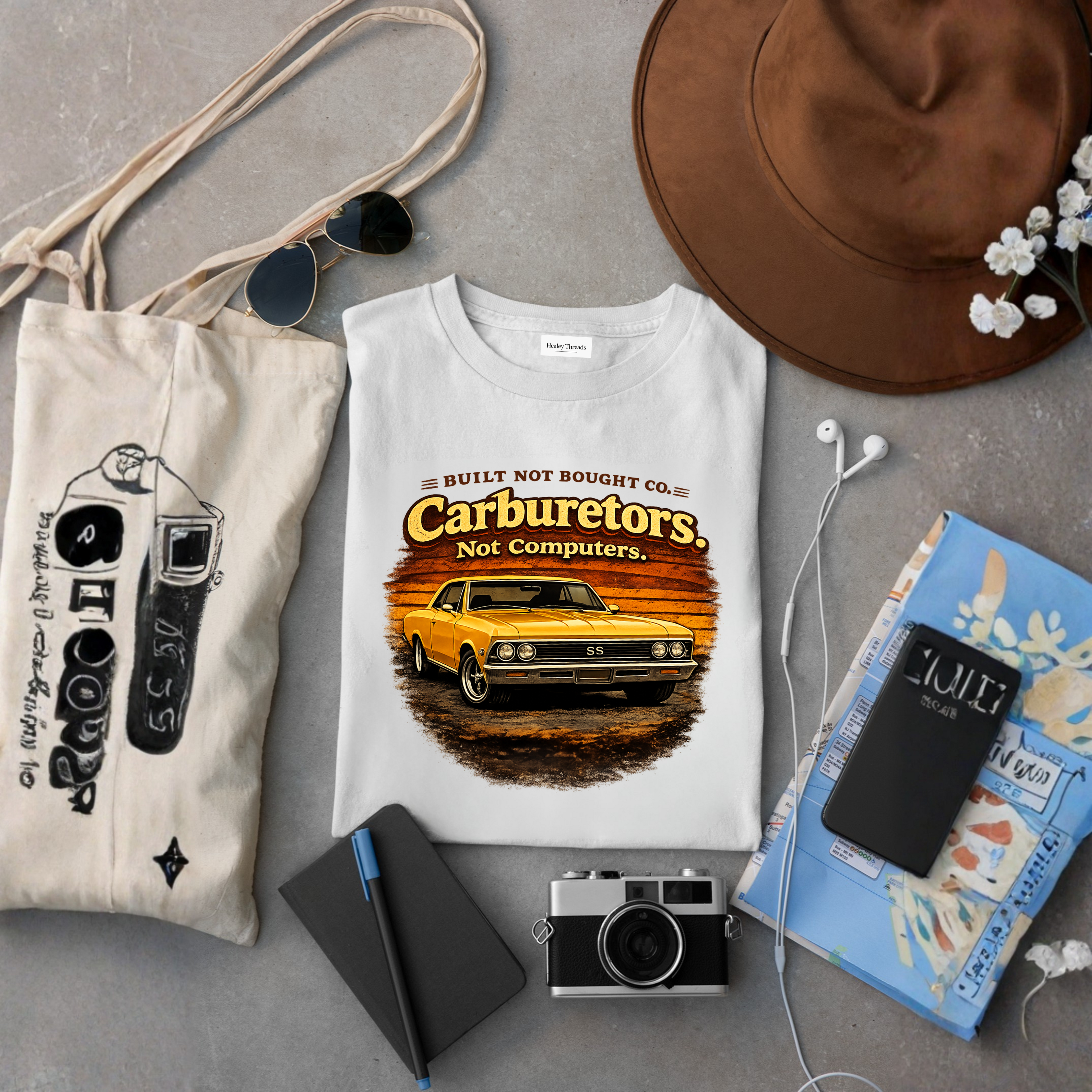 White t-shirt with car graphic and text, tote bag, camera, notebook, and hat on a gray surface